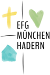 Logo mit Text EFG München Hadern und drei Symbolen: 1. gelbes Kreuz, 2. grünes Herz und 3. blaues Haus