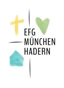 Logo mit Text EFG München Hadern und drei Symbolen: 1. gelbes Kreuz, 2. grünes Herz und 3. blaues Haus